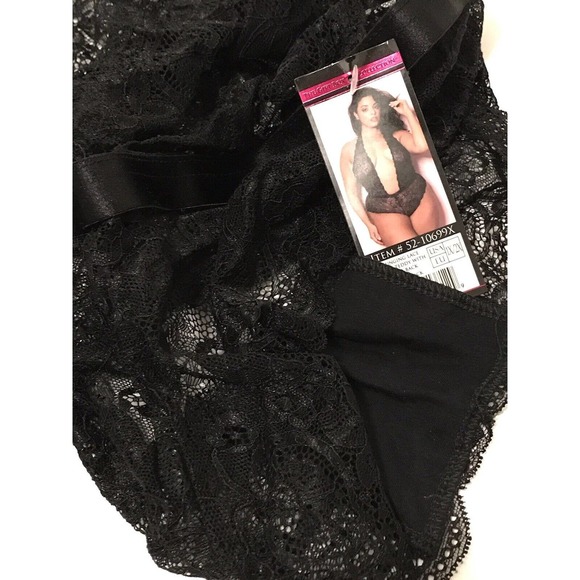 Plunging Lace Halter Teddy with Halter Back, Sexy Lingerie, Black, Size 1X-2X - Picture 9 of 15